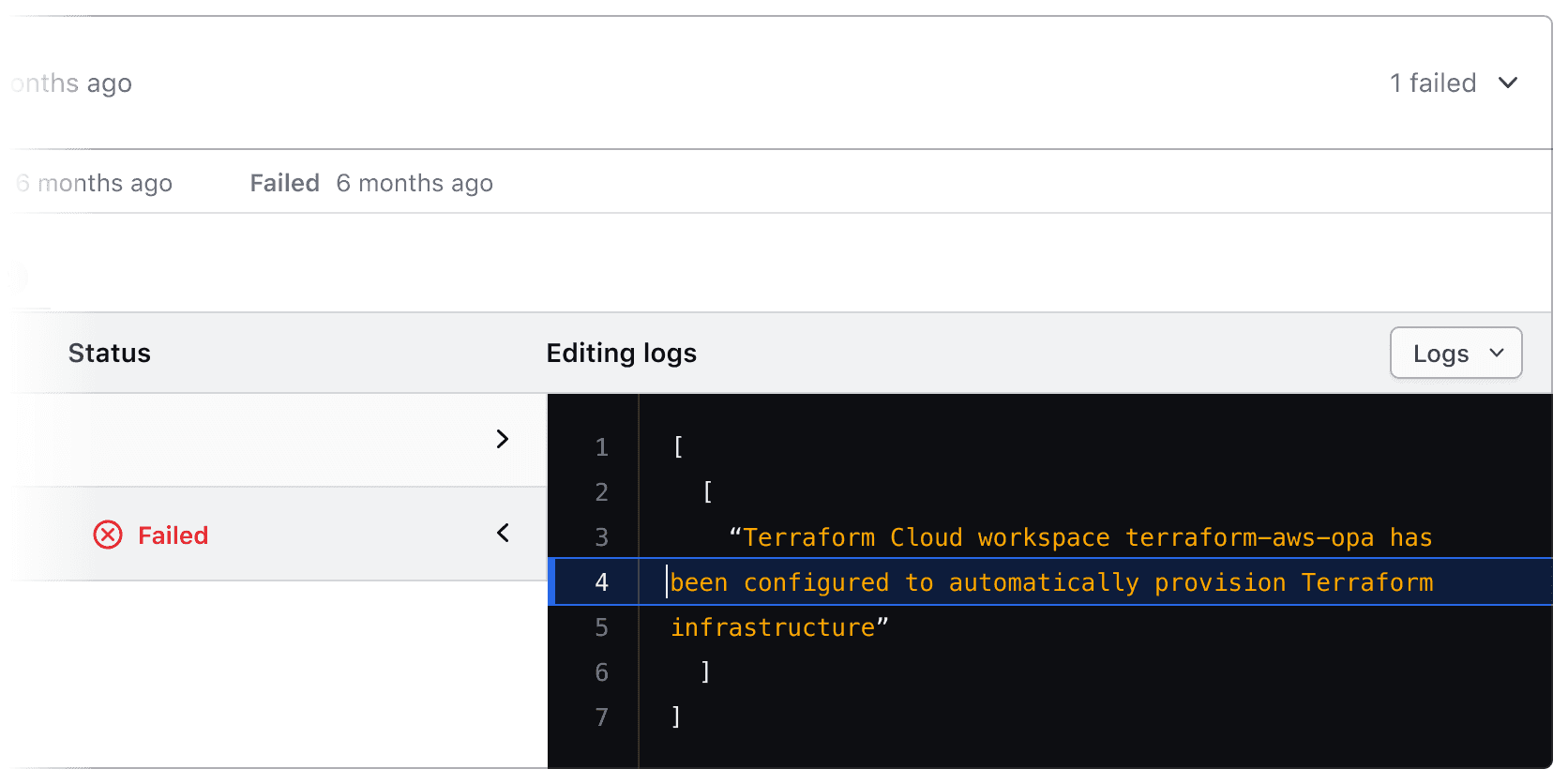 Code Editor embedded inside of a logs UI, where the corners are squared to fit within container.